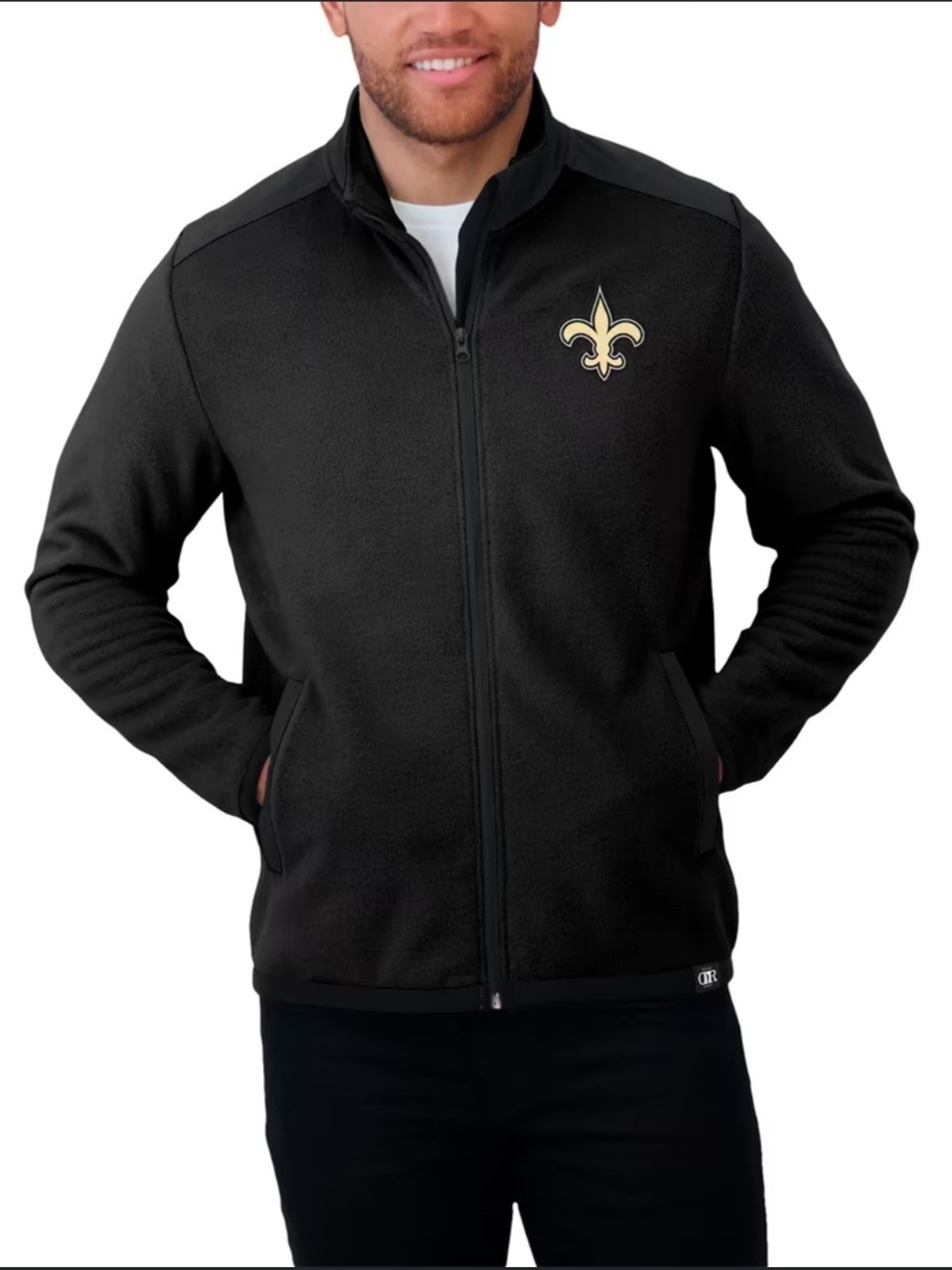 NFL Black Full-Zip Jacket with Gold Fleur-de-Lis Saints Logo Size L.